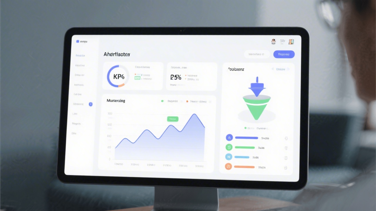 Minimalist analytics dashboard on a screen with KPI charts, conversion funnel and traffic sources, demonstrating clear marketing performance tracking for decision making.