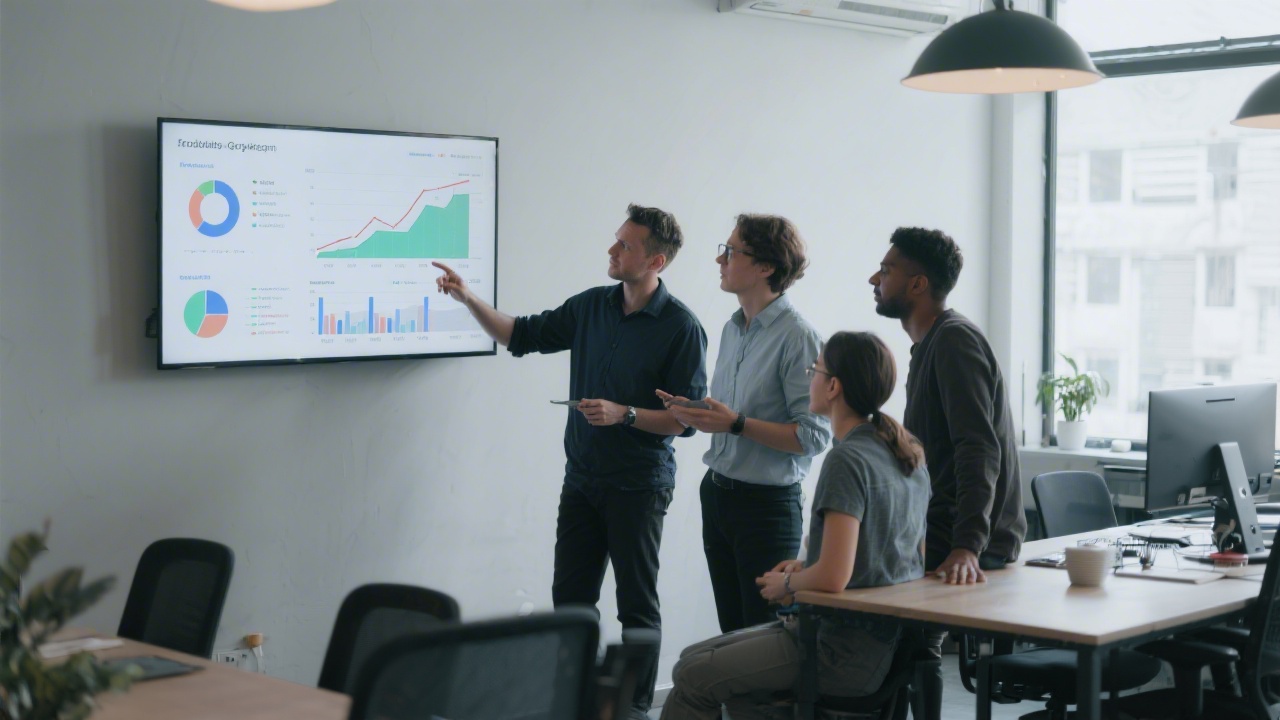 Small product team reviewing charts on a wall screen, discussing next steps, modern co-working environment, depicting early growth analysis of a tech startup.
