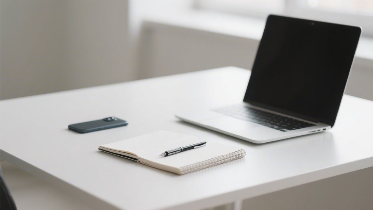 Clean desk with notebook, pen, smartphone and laptop ready for a business call, soft daylight, representing organized communication for a marketing consultation.