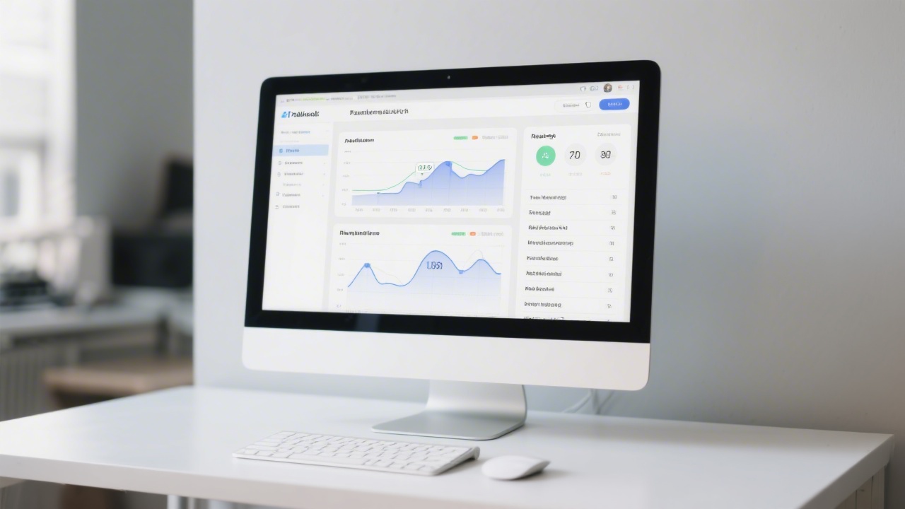 Computer monitor displaying paid search metrics with charts and keyword lists, clean workspace, showing professional PPC performance monitoring without distractions.