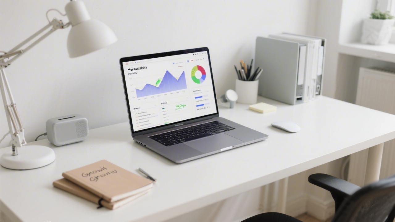 Bright modern office desk with laptop showing marketing dashboard, notebooks with growth notes, and neutral tech accessories, emphasizing early stage startup marketing planning in Czech context.