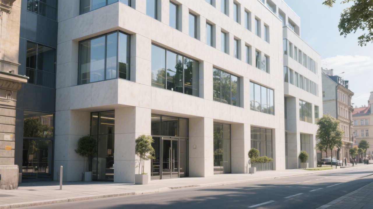 Exterior view of a modern Prague office building with clean lines, street-level entrance, and soft daylight, representing a professional but approachable business location.