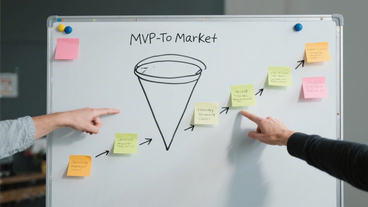 Whiteboard with marketing funnel sketch, sticky notes and arrows, two hands pointing to steps, highlighting iterative planning process for MVP go-to-market.