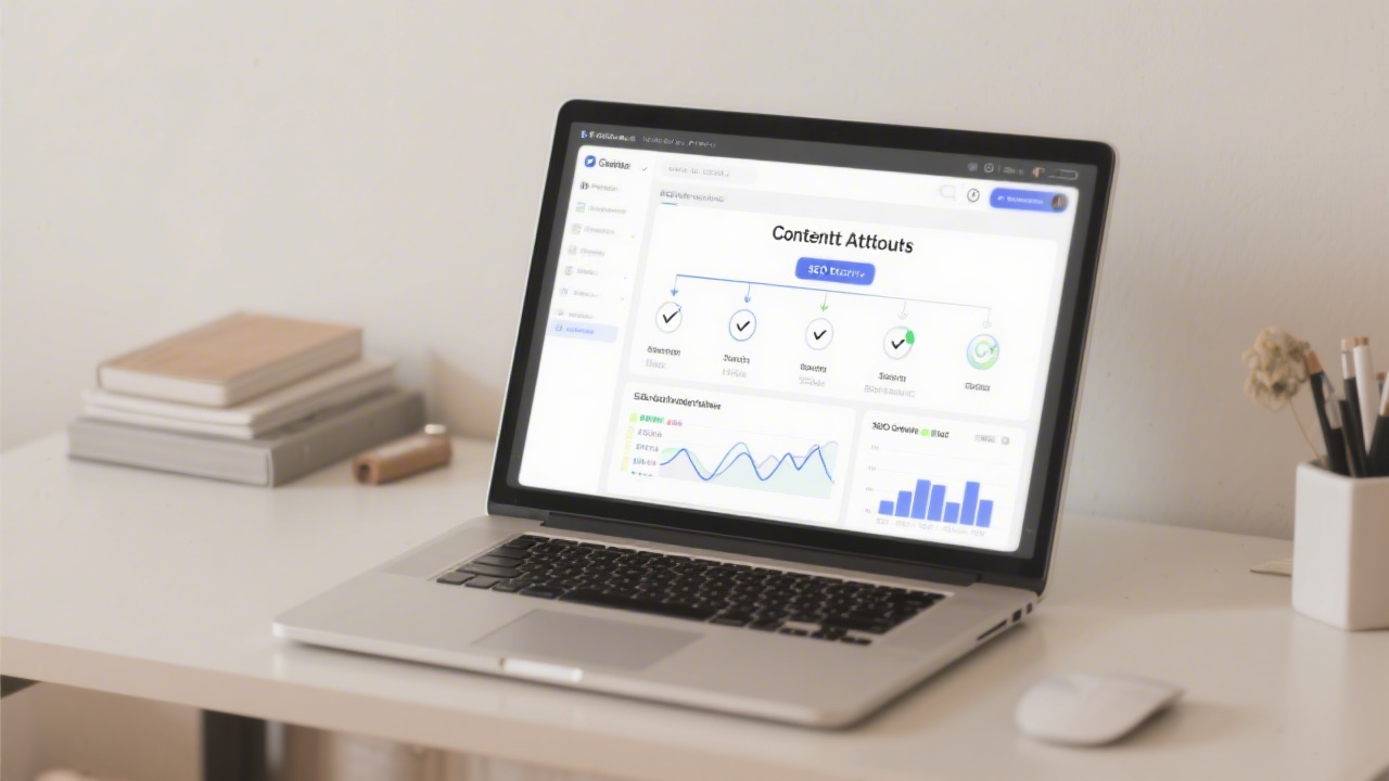 Open laptop with content outline, SEO checklist and analytics on screen, neutral desk accessories, illustrating structured search optimization planning for a new business.