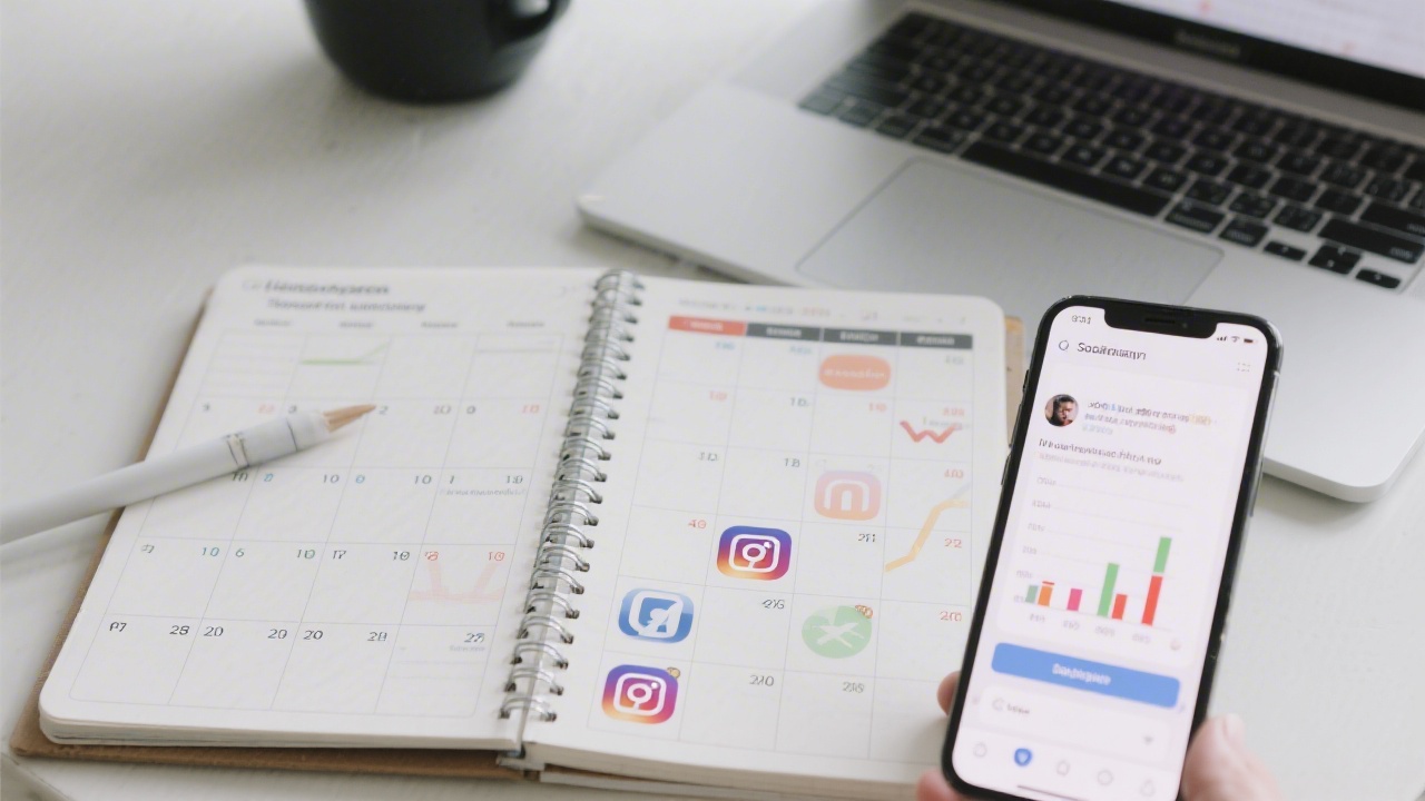 Notebook with social media calendar, smartphone showing draft post, and laptop with engagement metrics, representing organized social planning for a startup launch.