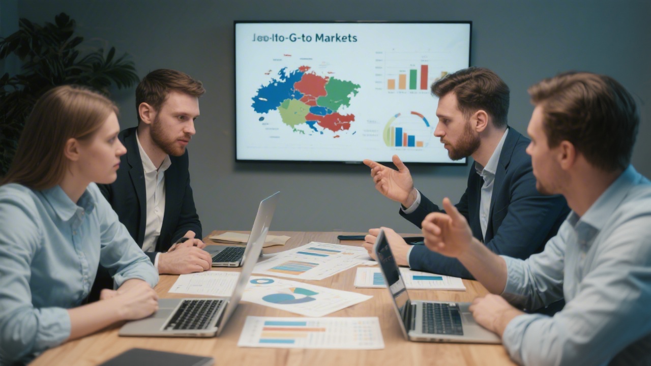 Small team around a table discussing go-to-market plans, laptops and printed charts visible, showing collaborative strategy session for launching a new product in Central Europe.